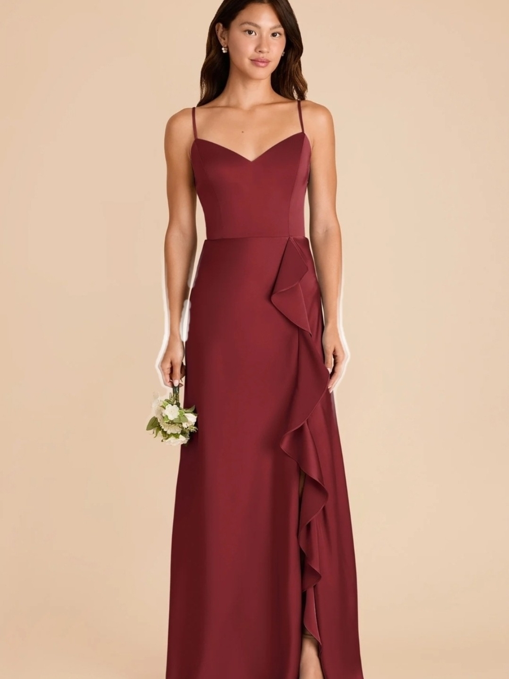 Birdy Grey Burgundy Elegant Spaghetti-Strap Maxi Theresa Dress Cascade Ruffle S - Picture 1 of 16